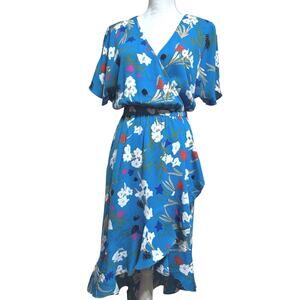 J. Crew Faux Wrap V-Neck Elastic Waist Dress Blue Floral Size Small